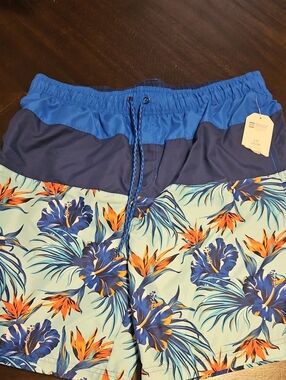 Faded Glory Blue Navy Tropical Floral Swim Trunks